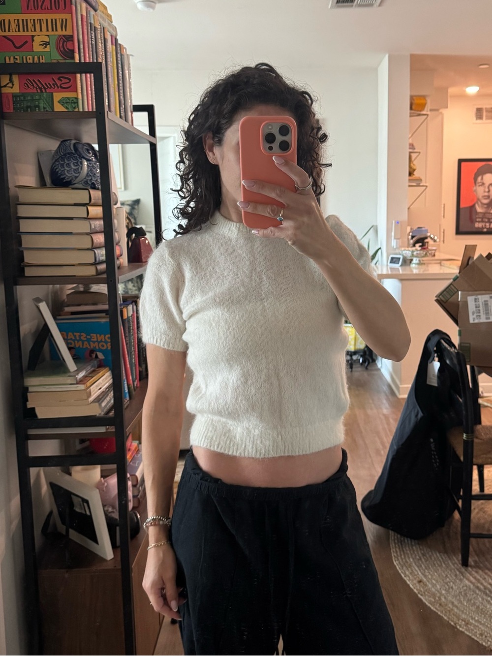 Doen Cream Fuzzy Short Sleeve Knit Top